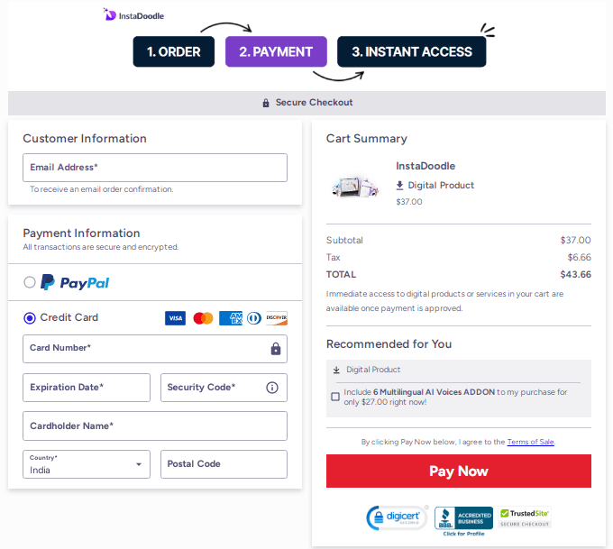 instadoodle Checkout Page